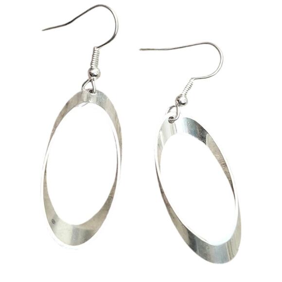 Silvertone Teardrop Dangling Earrings Open Oval Long Hoop - Picture 1 of 2